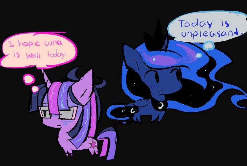 Size: 1088x732 | Tagged: safe, artist:casinokip, derpibooru import, princess luna, twilight sparkle, alicorn, pony, unicorn, alternate color palette, alternate design, alternate mane color, big ears, black background, blue coat, blue mane, blue tail, chibi, colored hooves, crown, dot eyes, duo, duo female, ear fluff, ethereal mane, ethereal tail, female, folded wings, frown, g4, glasses, horn, image, jewelry, jpeg, mare, multicolored mane, multicolored tail, peytral, purple coat, regalia, simple background, starry mane, starry tail, tail, test, thinking, thought bubble, tiara, unicorn horn, unicorn twilight, wings