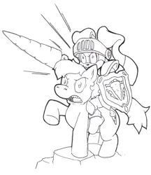 Size: 1000x1158 | Tagged: safe, artist:aval0nx, derpibooru import, ponified, anthro, pony, rabbit, angry, animal, cream the rabbit, image, jpeg, knight, lance, monochrome, rabbits riding ponies, raised hoof, self paradox, self ponidox, shield, solo, sonic the hedgehog (series), weapon