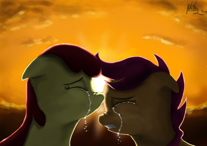Size: 7016x4961 | Tagged: safe, artist:neko-me, derpibooru import, apple bloom, scootaloo, pony, absurd resolution, bust, crying, duo, eyes closed, female, filly, foal, gritted teeth, image, jpeg, nose wrinkle, portrait, profile, sunset, teeth