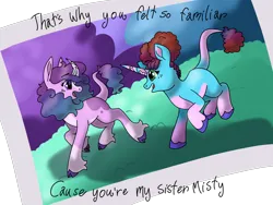 Size: 2160x1620 | Tagged: safe, artist:birbnerd17, derpibooru import, izzy moonbow, pony, unicorn, g5, alternate design, alternate universe, dialogue, female, headcanon, horn, image, mare, misty brightdawn, png, siblings, sisters