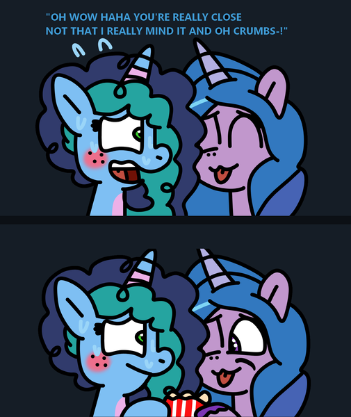 Size: 1440x1712 | Tagged: safe, artist:jadeharmony, derpibooru import, edit, izzy moonbow, pony, unicorn, g5, :p, blushing, comic, dialogue, female, food, horn, image, lesbian, looking at each other, looking at someone, mare, misty brightdawn, mizzy, nuzzling, personal space invasion, png, popcorn, shipping, simple background, sweat, tongue out