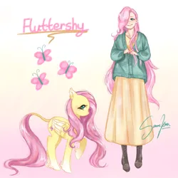 Size: 2048x2048 | Tagged: safe, artist:samekun123, derpibooru import, fluttershy, human, pegasus, pony, alternate hairstyle, boots, cardigan, clothes, cute, dress, female, humanized, image, leonine tail, mare, markings, png, redesign, shoes, shyabetes, solo, tail