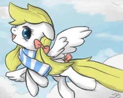 Size: 1000x800 | Tagged: safe, artist:speccysy, derpibooru import, oc, oc:cloudia, unofficial characters only, pegasus, pony, bow, clothes, cloud, cloudy, female, floppy ears, flying, hair bow, image, looking back, mare, open mouth, png, scarf, sky, smiling, solo, spread wings, striped scarf, tail, tail bow, wings