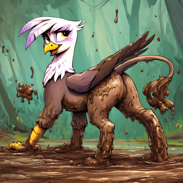 Size: 6144x6144 | Tagged: prompter needed, source needed, safe, ai content, derpibooru import, machine learning generated, gilda, butt, dirty, featureless crotch, gildonk, image, looking back, mud, muddy, plot, png, solo, swamp