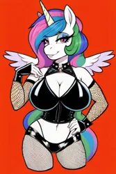 Size: 553x830 | Tagged: suggestive, ai content, derpibooru import, machine learning generated, prompter:chillyhooves, stable diffusion, princess celestia, alicorn, anthro, big breasts, breasts, busty princess celestia, fishnets, image, jpeg, leather, punklestia, solo