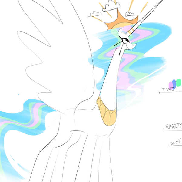 Size: 833x832 | Tagged: safe, artist:yl0w, derpibooru import, princess celestia, alicorn, pony, cloud, colored sketch, crown, doodle, ethereal mane, ethereal tail, female, g4, horn, image, jewelry, long eyelashes, long horn, looking up, mare, multicolored mane, multicolored tail, peytral, png, profile, regalia, simple background, size chart, size comparison, sketch, smiling, solo, spread wings, sun, tail, text, tiara, wavy mane, wavy tail, white background, white coat, wings