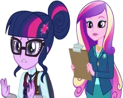 Size: 3165x2520 | Tagged: safe, derpibooru import, edit, edited screencap, editor:homersimpson1983, screencap, princess cadance, sci-twi, twilight sparkle, human, equestria girls, background removed, clipboard, clothes, dean cadance, female, g4, glasses, image, not a vector, png