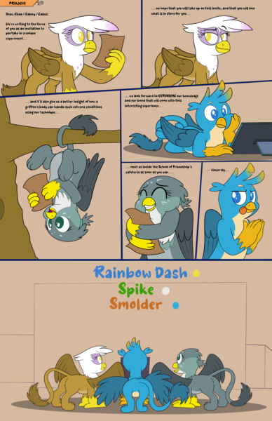 Size: 3000x4638 | Tagged: safe, artist:rupert, derpibooru import, gabby, gallus, gilda, gryphon, series:catbird 3's colossal squish program, butt, comic, dialogue, eyes closed, female, gabbooty, gallass, gildonk, hanging, hanging upside down, hug, image, imminent weight gain, implied rainbow dash, implied smolder, implied spike, incentive drive, lying down, male, no pupils, pale belly, paper, png, prologue, prone, reading, rubbing hands, simple background, smiling, this will end in weight gain, tongue out, tree, trio, upside down