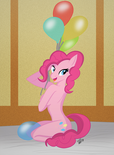 Size: 879x1200 | Tagged: questionable, artist:nighthawk07, derpibooru import, pinkie pie, anthro, earth pony, balloon, breasts, female, image, jpeg, kneeling, nipples, nudity, open mouth, smiling, solo, solo female