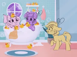 Size: 2732x2021 | Tagged: safe, artist:emberslament, derpibooru import, oc, oc:bay breeze, bathing together, bathtub, bubble, commission, cute, image, open mouth, png, rubber duck, sketch, surprised, your character here