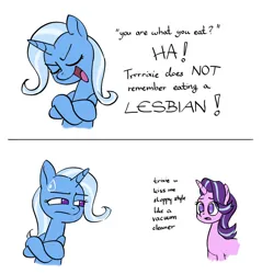 Size: 1148x1200 | Tagged: safe, artist:gummylovesart, derpibooru import, starlight glimmer, trixie, pony, unicorn, 2 panel comic, bipedal, comic, crossed arms, duo, duo female, eyes closed, female, horn, image, jpeg, lesbian, mare, open mouth, shipping, startrix, sweat, sweatdrop