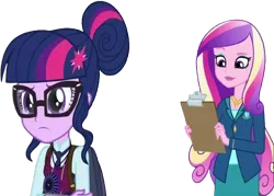 Size: 3525x2520 | Tagged: safe, derpibooru import, edit, edited screencap, editor:homersimpson1983, screencap, princess cadance, sci-twi, twilight sparkle, equestria girls, friendship games, background removed, clipboard, clothes, dean cadance, female, g4, glasses, image, not a vector, png