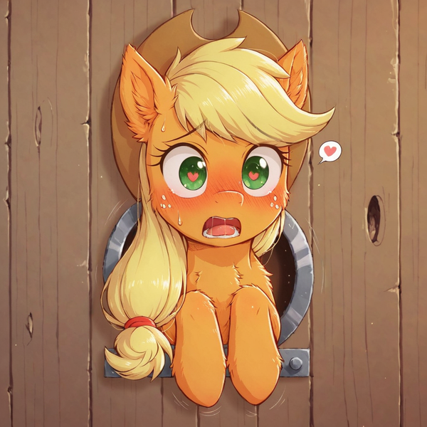 Size: 1024x1024 | Tagged: questionable, ai content, derpibooru import, machine learning generated, part of a set, prompter:venisoncreampie, applejack, earth pony, pony, series:stuck!~<3, barn, blushing, confused, drool, ear fluff, female, front view, g4, heart, heart eyes, image, implied incest, implied sex, implied shipping, implied straight, looking at you, open mouth, png, solo, solo female, solo focus, stuck, surprised, sweat, sweatdrop, sweet apple acres, through wall, wingding eyes