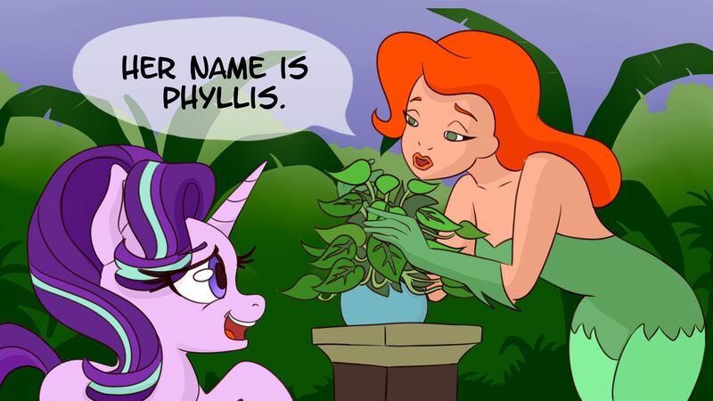 Size: 1920x1080 | Tagged: safe, artist:nedemai, derpibooru import, phyllis, starlight glimmer, human, pony, unicorn, crossover, dc comics, dialogue, duo, duo female, female, g4, horn, image, jpeg, mare, open mouth, open smile, poison ivy, potted plant, smiling, speech bubble