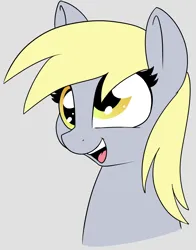Size: 1484x1894 | Tagged: safe, artist:axlearts, derpibooru import, derpy hooves, pony, bust, female, gray background, happy, image, mare, open mouth, open smile, png, portrait, simple background, smiling, solo