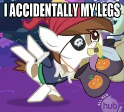 Size: 591x535 | Tagged: safe, derpibooru import, screencap, caption, costune, eye ppatch, g4, hub logo, image, image macro, logo, nightmare night, pip, pirate, png, pumpkin, sword, text, the hub, weapon