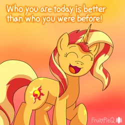 Size: 1000x1000 | Tagged: safe, artist:fruiitypieq, derpibooru import, sunset shimmer, pony, unicorn, dialogue, eyes closed, female, g4, happy, horn, image, open mouth, png, positive ponies, solo