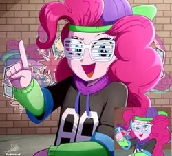 Size: 2134x1934 | Tagged: safe, artist:the-butch-x, derpibooru import, pinkie pie, dance magic, equestria girls, spoiler:eqg specials, backwards ballcap, baseball cap, cap, clothes, female, g4, graffiti, hat, hoodie, image, mc pinkie, open mouth, png, scene interpretation, screencap reference, shutter shades, solo, sunglasses