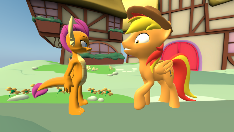 Size: 2048x1152 | Tagged: safe, artist:gaelgaming1, derpibooru import, smolder, oc, oc:firey ratchet, dragon, pegasus, 3d, detective, dragoness, fedora, female, g4, hat, image, png, ponyville, source filmmaker