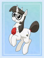 Size: 1530x2040 | Tagged: safe, artist:moonatik, derpibooru import, raven, pony, unicorn, abstract background, alternate hairstyle, collar, cravat, cute, female, glasses, horn, image, mare, png, raised hoof, solo, tail, tail bun