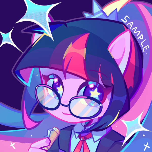 Size: 2000x2000 | Tagged: safe, artist:glimony, derpibooru import, sci-twi, twilight sparkle, anthro, equestria girls, blue background, bust, female, g4, glasses, high res, image, looking at you, png, pony ears, ponytail, sample, scrunchie, simple background, smiling, smiling at you, solo, sparkles, starry eyes, wingding eyes