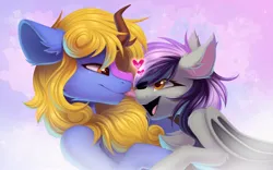 Size: 2048x1280 | Tagged: oc name needed, source needed, safe, artist:kebchach, derpibooru import, oc, unofficial characters only, kirin, pony, duo, duo male and female, female, heart, image, in love, jpeg, looking at each other, looking at someone, male, mare, oc x oc, shipping, straight