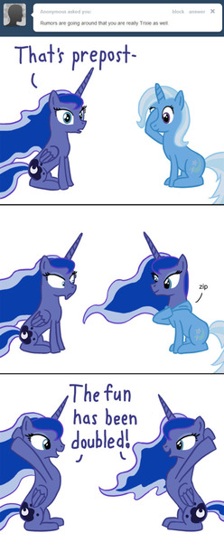 Size: 528x1280 | Tagged: artist needed, source needed, safe, derpibooru import, princess luna, trixie, alicorn, pony, unicorn, ask princess luna, ask, duality, eye contact, female, frown, g4, horn, image, jpeg, looking at each other, looking at someone, looking at you, mare, open mouth, ponysuit, self paradox, self ponidox, simple background, sitting, smiling, the fun has been doubled, tumblr, white background, wide eyes