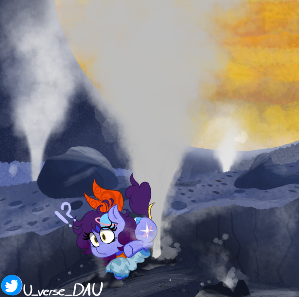 Size: 2410x2396 | Tagged: safe, artist:juniverse, derpibooru import, oc, oc:juniverse, earth pony, pony, clothes, clumsy, curious, europa, fact, getting into trouble, geyser, image, jupiter, planet, png, ribbon, satellite, silly, space pony, surprised, sweater, ups