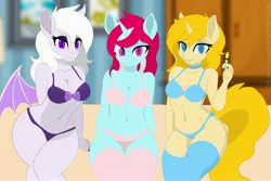 Size: 4096x2731 | Tagged: suggestive, artist:celsior majesta, ponerpics import, ponybooru import, oc, oc:eguzkia noctis, oc:sugar lace, oc:willow aurora, unofficial characters only, anthro, bat pony, unicorn, bra, breasts, candle, clothes, image, jpeg, panties, socks, underwear