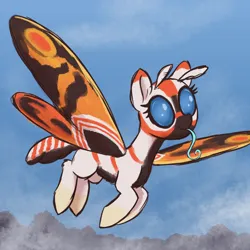 Size: 3000x3000 | Tagged: safe, artist:t72b, derpibooru import, ponified, insect, monster pony, moth, mothpony, original species, pony, antennae, cloud, female, flying, image, mare, mothra, png, reverse countershading, sky, tongue out