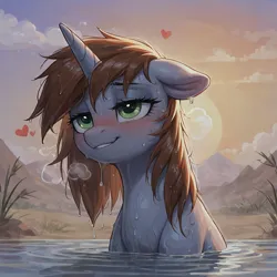 Size: 1024x1024 | Tagged: suggestive, ai content, derpibooru import, machine learning generated, prompter:wankscorpio, stable diffusion, oc, oc:littlepip, unofficial characters only, pony, unicorn, fallout equestria, series:littlepip's wasteland wanderings, blushing, desert, floating heart, generator:pony diffusion v6 xl, green eyes, heart, horn, image, png, solo, sunset, swimming, wet, wet mane