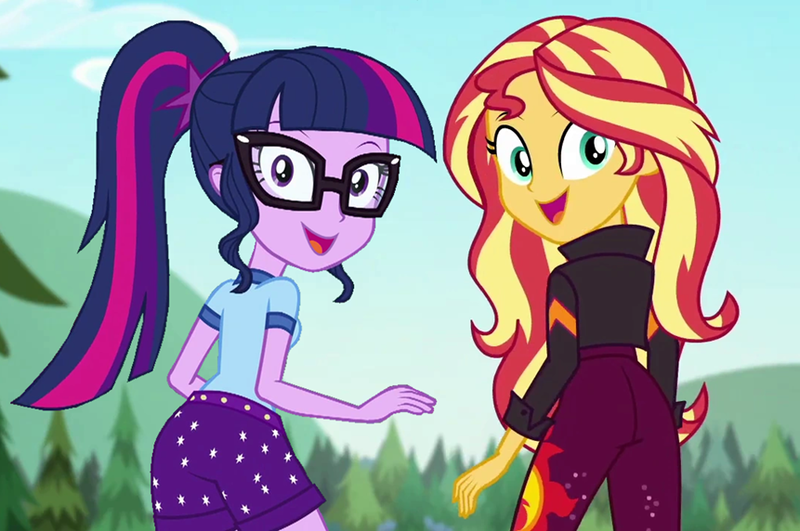 Size: 861x572 | Tagged: safe, alternate version, artist:thedarkpony, derpibooru import, edit, edited screencap, screencap, sci-twi, sunset shimmer, twilight sparkle, equestria girls, equestria girls series, legend of everfree, sunset's backstage pass!, spoiler:eqg series (season 2), bunset shimmer, butt, camp everfree outfits, clothes, cropped, female, image, pants, png, shorts, twibutt