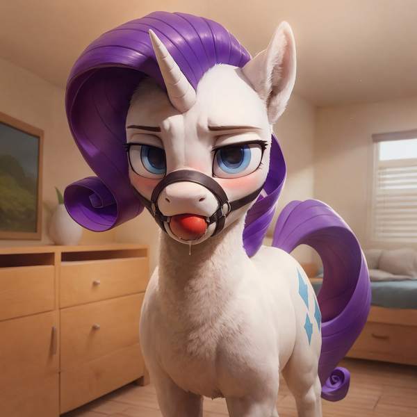 Size: 2048x2048 | Tagged: suggestive, ai content, derpibooru import, machine learning generated, prompter:jasedward, rarity, pony, unicorn, ballgag, bedroom, blue eyes, blushing, drool, female, femsub, gag, harness ballgag, horn, image, looking at you, png, rarisub, solo, solo female, submissive