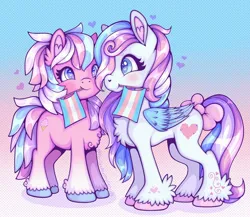 Size: 2048x1781 | Tagged: safe, artist:chocchippony, ponerpics import, ponybooru import, oc, unofficial characters only, duo, image, jpeg, pride, pride flag, transgender pride flag