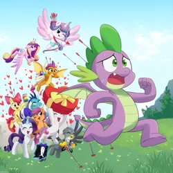 Size: 1225x1225 | Tagged: safe, artist:riouku, derpibooru import, ponerpics import, ponybooru import, apple bloom, gabby, princess cadance, princess ember, princess flurry heart, rarity, scootaloo, smolder, spike, sweetie belle, alicorn, anthro, dragon, earth pony, gryphon, pony, unicorn, 2d, apple, arrow, baby, baby pony, bow, bow (weapon), bow and arrow, box of chocolates, camera, clothes, commissioner:vatobot17, crusadespike, cupid, cutie mark, cutie mark crusaders, dragoness, emberspike, female, flurryspike, flying, foal, food, g4, gemstones, grass, grass field, hair bow, happy, heart, heart arrow, hearts and hooves day, holiday, horn, image, in love, infidelity, jam, magic, male, mare, outdoors, png, running, scootaspike, shipping, spabby, sparity, spike gets all the dragons, spike gets all the fillies, spike gets all the mares, spikebelle, spikebloom, spikedance, spolder, straight, the cmc's cutie marks, tuxedo, valentine's day, weapon, winged spike, wings, zap apple, zap apple jam