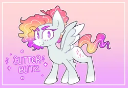 Size: 1197x818 | Tagged: safe, artist:bunnykitty13, artist:scenebunny, artist:scenesonic, derpibooru import, oc, oc:glitter blitz, unofficial characters only, pegasus, :3, ambiguous gender, big ears, border, coat markings, colored eartips, colored eyebrows, colored eyelashes, colored muzzle, colored wings, colored wingtips, curly mane, curly tail, eyelashes, fusion, fusion:rainbow dash, fusion:rarity, g4, gradient background, gradient mane, gradient tail, hair bun, hoof fluff, image, looking at you, pegasus oc, png, purple eyes, short, smiling, smiling at you, socks (coat marking), sparkly mane, sparkly tail, spread wings, standing, tail, two toned wings, wingding eyes, wings