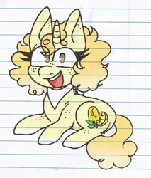 Size: 972x1141 | Tagged: safe, artist:bunnykitty13, artist:scenebunny, artist:scenesonic, derpibooru import, oc, oc:lemon pop, unofficial characters only, pony, unicorn, bandana, big eyes, body freckles, chibi, coat markings, curly mane, curly tail, ear freckles, eye clipping through hair, female, freckles, gradient mane, gradient tail, horn, image, jpeg, leg freckles, lined paper, long mane, long tail, looking at you, mare, neckerchief, open mouth, open smile, sitting, smiling, smiling at you, socks (coat marking), solo, tail, teeth, thick eyelashes, tongue out, traditional art, unicorn horn, unicorn oc, yellow coat, yellow mane, yellow tail
