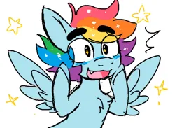 Size: 500x365 | Tagged: safe, artist:bunnykitty13, artist:scenebunny, artist:scenesonic, derpibooru import, rainbow dash, pegasus, pony, blue blush, blushing, bust, cute, cute little fangs, dashabetes, emanata, eye clipping through hair, eyebrows, eyebrows visible through hair, fangs, female, g4, image, mare, multicolored hair, png, rainbow hair, raised hoof, raised hooves, short hair rainbow dash, simple background, smiling, sparkly eyes, sparkly mane, spread wings, stars, thick eyebrows, white background, wingding eyes, wings