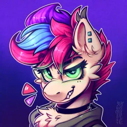 Size: 3500x3500 | Tagged: safe, artist:yumkandie, derpibooru import, oc, oc:pedals, pegasus, pony, cheek fluff, chest fluff, choker, commission, ear fluff, ear piercing, freckles, glow, glowing eyes, grin, image, piercing, png, screentone, smiling, teeth, tricolor mane