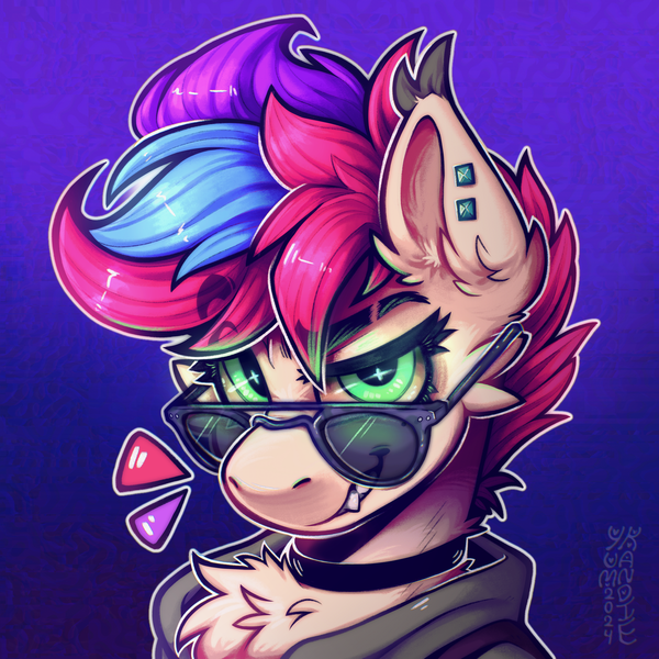 Size: 3500x3500 | Tagged: safe, artist:yumkandie, derpibooru import, oc, oc:pedals, pegasus, pony, cheek fluff, chest fluff, choker, commission, ear fluff, ear piercing, freckles, glow, glowing eyes, grin, image, piercing, png, screentone, smiling, sunglasses, teeth, tricolor mane