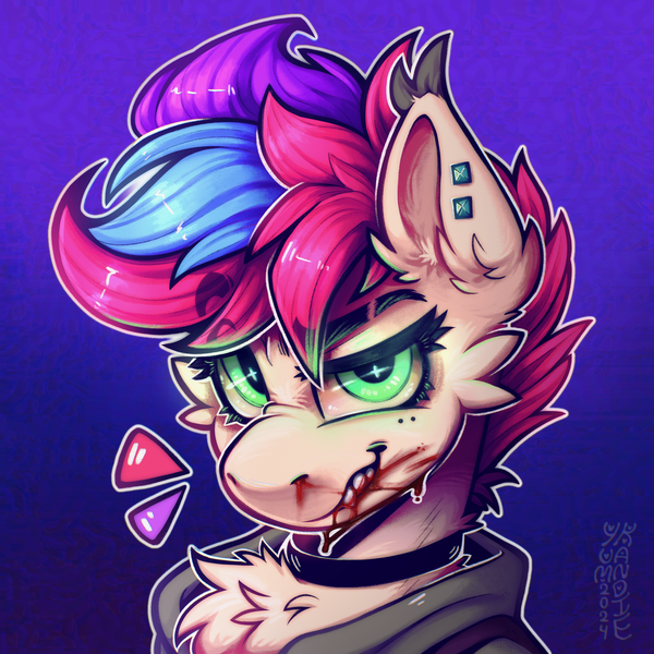 Size: 3500x3500 | Tagged: safe, artist:yumkandie, derpibooru import, oc, oc:pedals, pegasus, pony, blood, cheek fluff, chest fluff, choker, commission, ear fluff, ear piercing, freckles, glow, glowing eyes, grin, image, piercing, png, screentone, smiling, teeth, tricolor mane