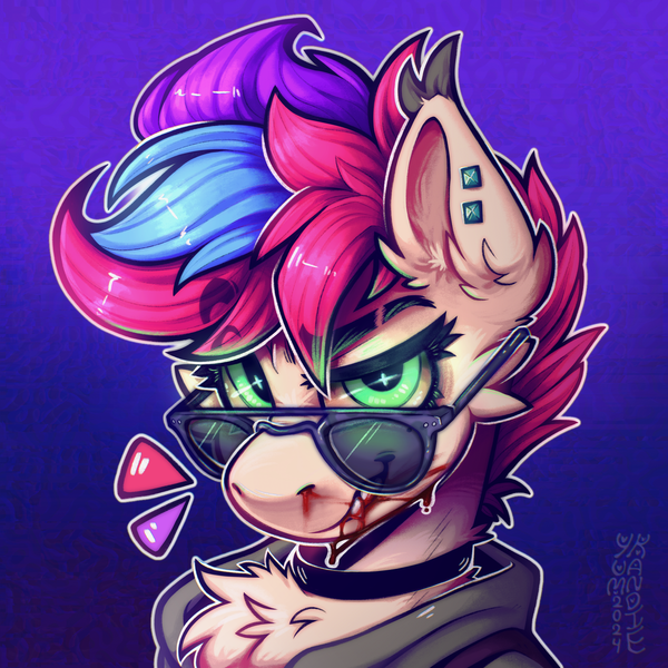 Size: 3500x3500 | Tagged: safe, artist:yumkandie, derpibooru import, oc, oc:pedals, pegasus, pony, blood, cheek fluff, chest fluff, choker, commission, ear fluff, ear piercing, freckles, glow, glowing eyes, grin, image, piercing, png, screentone, smiling, sunglasses, teeth, tricolor mane