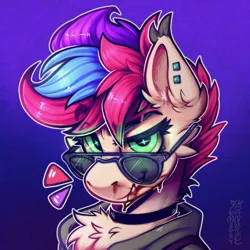 Size: 3500x3500 | Tagged: safe, artist:yumkandie, derpibooru import, oc, oc:pedals, pegasus, pony, blood, cheek fluff, chest fluff, choker, commission, ear fluff, ear piercing, freckles, glow, glowing eyes, grin, image, piercing, png, screentone, smiling, sunglasses, teeth, tricolor mane