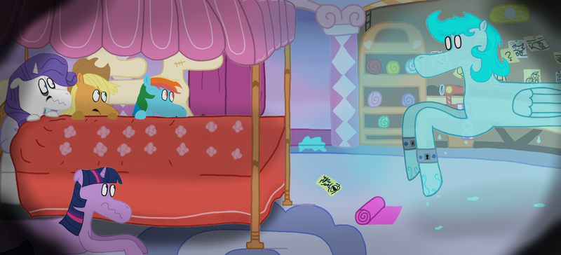 Size: 1819x827 | Tagged: safe, artist:not your little pony, derpibooru import, applejack, rainbow dash, rarity, twilight sparkle, oc, oc:whispering floe, earth pony, ghost, pegasus, pony, undead, unicorn, carousel boutique, cartoony, horn, image, long muzzle, png, scared, vignette