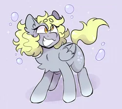 Size: 1594x1420 | Tagged: safe, artist:bunnykitty13, artist:scenebunny, artist:scenesonic, derpibooru import, derpy hooves, pegasus, pony, :3, alternate hairstyle, beanbrows, big ears, bubble, chest fluff, colored eyebrows, curly mane, derp, ear fluff, eye clipping through hair, eyebrows, eyebrows visible through hair, female, folded wings, g4, gradient legs, gray coat, image, jpeg, mare, purple background, shadow, short, short mane, simple background, smiling, solo, standing, tail, wingding eyes, wings, yellow eyes, yellow mane, yellow tail