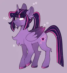 Size: 1280x1391 | Tagged: safe, artist:bunnykitty13, artist:scenebunny, artist:scenesonic, derpibooru import, twilight sparkle, twilight sparkle (alicorn), alicorn, pony, alternate design, alternate eye color, alternate hair color, alternate hairstyle, bags under eyes, beard, big ears, chest fluff, chin fluff, colored hooves, colored wings, ear fluff, eye clipping through hair, eyebrows, eyebrows visible through hair, facial hair, female, folded wings, frown, g4, gradient legs, gradient wings, horn, image, long legs, long mane, long tail, looking back, mare, multicolored mane, multicolored tail, multicolored wings, narrowed eyes, pink eyes, png, ponytail, purple background, purple coat, raised hoof, shiny hoof, simple background, solo, sparkly mane, sparkly tail, standing, stars, straight mane, straight tail, tail, tall, tied mane, twitterina design, unicorn horn, wingding eyes, wings