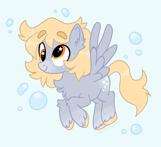 Size: 764x696 | Tagged: safe, artist:bunnykitty13, artist:scenebunny, artist:scenesonic, derpibooru import, derpy hooves, pegasus, pony, alternate color palette, alternate design, alternate hairstyle, artist, blonde mane, blonde tail, blue background, bubble, chest fluff, coat markings, colored eyebrows, colored hooves, colored muzzle, derp, design, ear fluff, eyebrows, eyebrows visible through hair, female, flying, freckles, g4, gray coat, image, leg fluff, long mane, long tail, mare, png, redesign, short mane, simple background, socks (coat marking), spread wings, starry eyes, tail, unshorn fetlocks, vector, wingding eyes, wings, yellow eyes, yellow mane, yellow tail