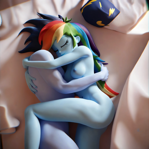 Size: 4096x4096 | Tagged: questionable, ai content, derpibooru import, machine learning generated, prompter:*rainbow dash*, stable diffusion, rainbow dash, soarin', equestria girls, bed, breasts, casual nudity, embrace, female, g4, generator:purplesmart.ai, image, male, nipples, nudity, png, shipping, sleeping, soarindash, straight, strategically covered