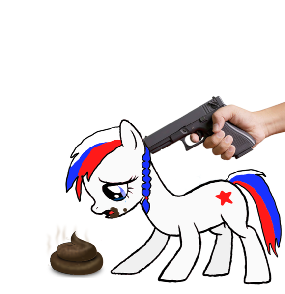 Size: 912x944 | Tagged: grotesque, questionable, semi-grimdark, ponerpics import, ponybooru import, oc, oc:marussia, ponified, pony, crying, fetish, gun, image, marussiabuse, nation ponies, png, politics, poop, poop eating, punishment, russia, sad, scat, weapon