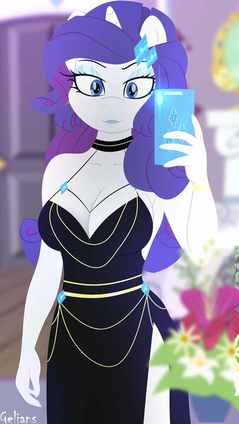 Size: 2304x4096 | Tagged: suggestive, artist:gelians, derpibooru import, ponerpics import, ponybooru import, rarity, anthro, unicorn, breasts, busty rarity, cleavage, clothes, dress, female, fishtail dress meme, high res, horn, image, jpeg, meme, mobile phone, phone, selfie, smartphone, solo